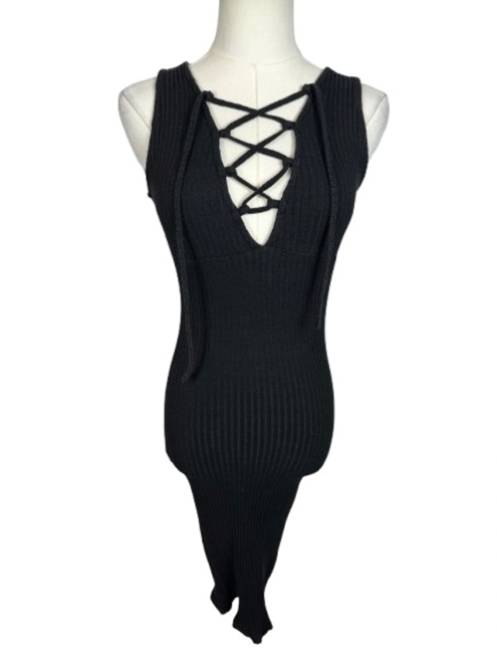 🌟 SALE 🌟 Pull&Bear Black Ribbed Midi Dress with Lace-Up V-Neck Size S
